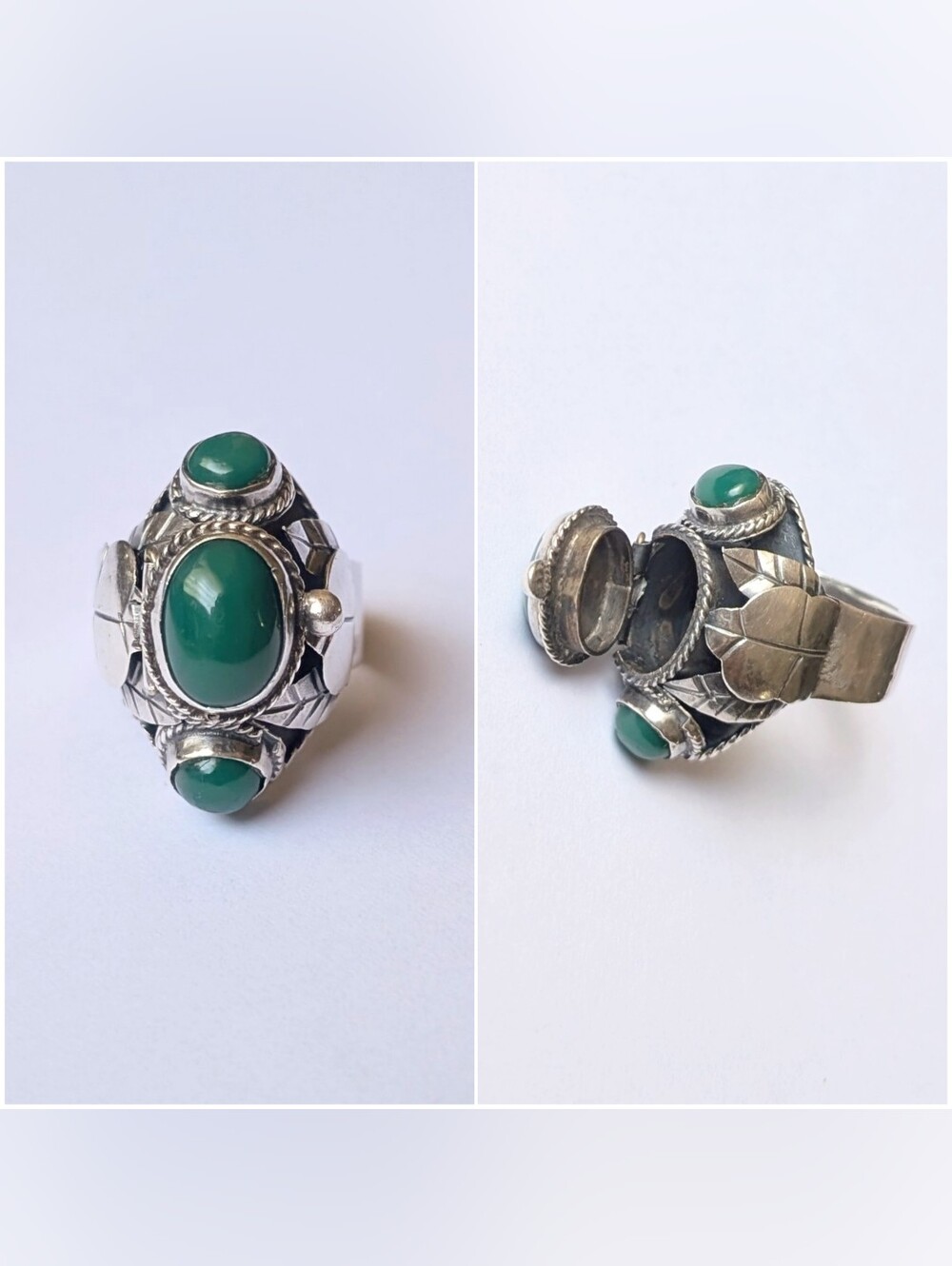 Vintage sterling silver poison pill box ring Taxco Mexico Green Onyx Turquoise?